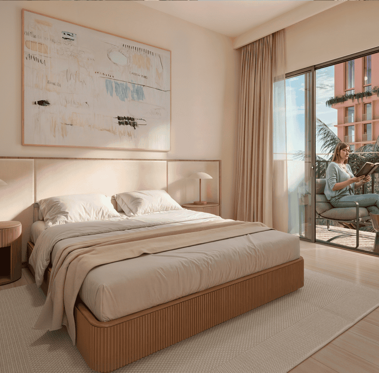 Elegant bedroom with large window and balcony overlooking cityscape.