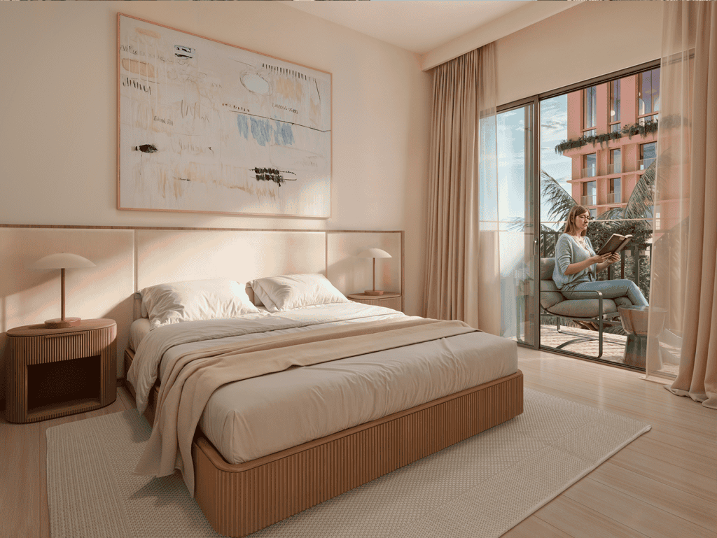 Elegant bedroom with large window and balcony overlooking cityscape.