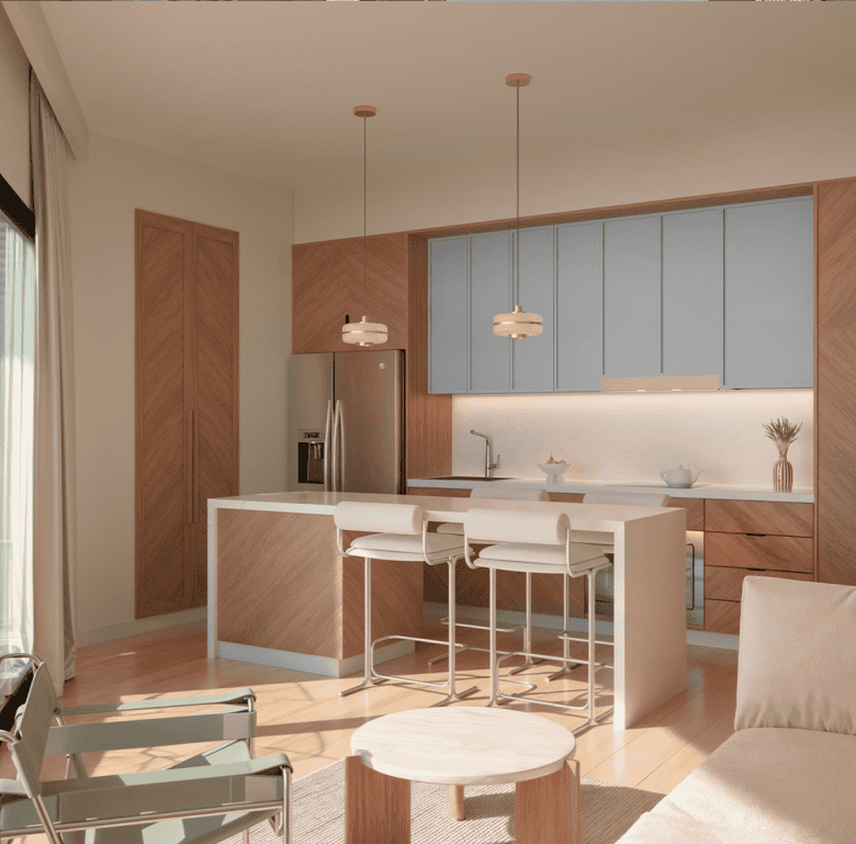 Contemporary kitchen with blue cabinets, island, and seating in La Union, Panama City, Panama.