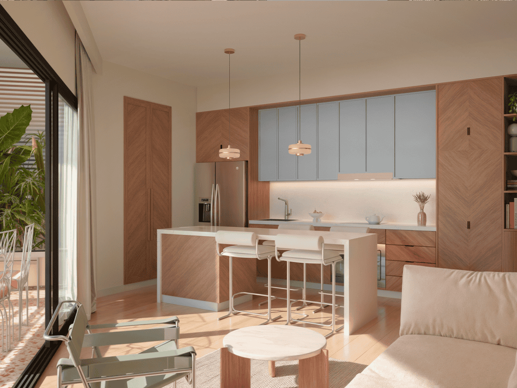 Contemporary kitchen with blue cabinets, island, and seating in La Union, Panama City, Panama.