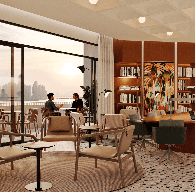 Luxury interior with seating area and large windows overlooking the skyline.