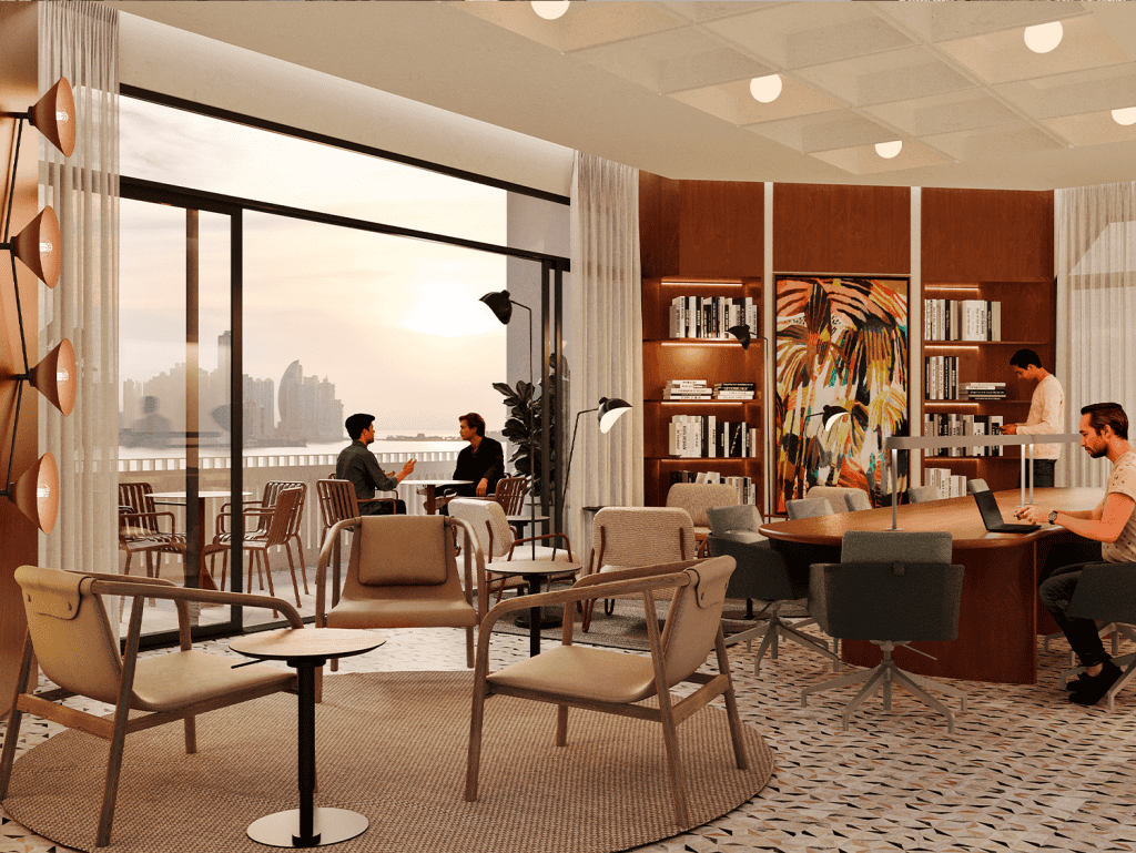 Luxury interior with seating area and large windows overlooking the skyline.