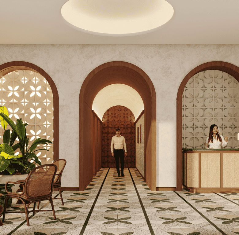 Elegant hotel interior with reception desk and seating area in La Central, Panama City.