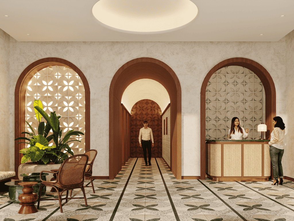 Elegant hotel interior with reception desk and seating area in La Central, Panama City.