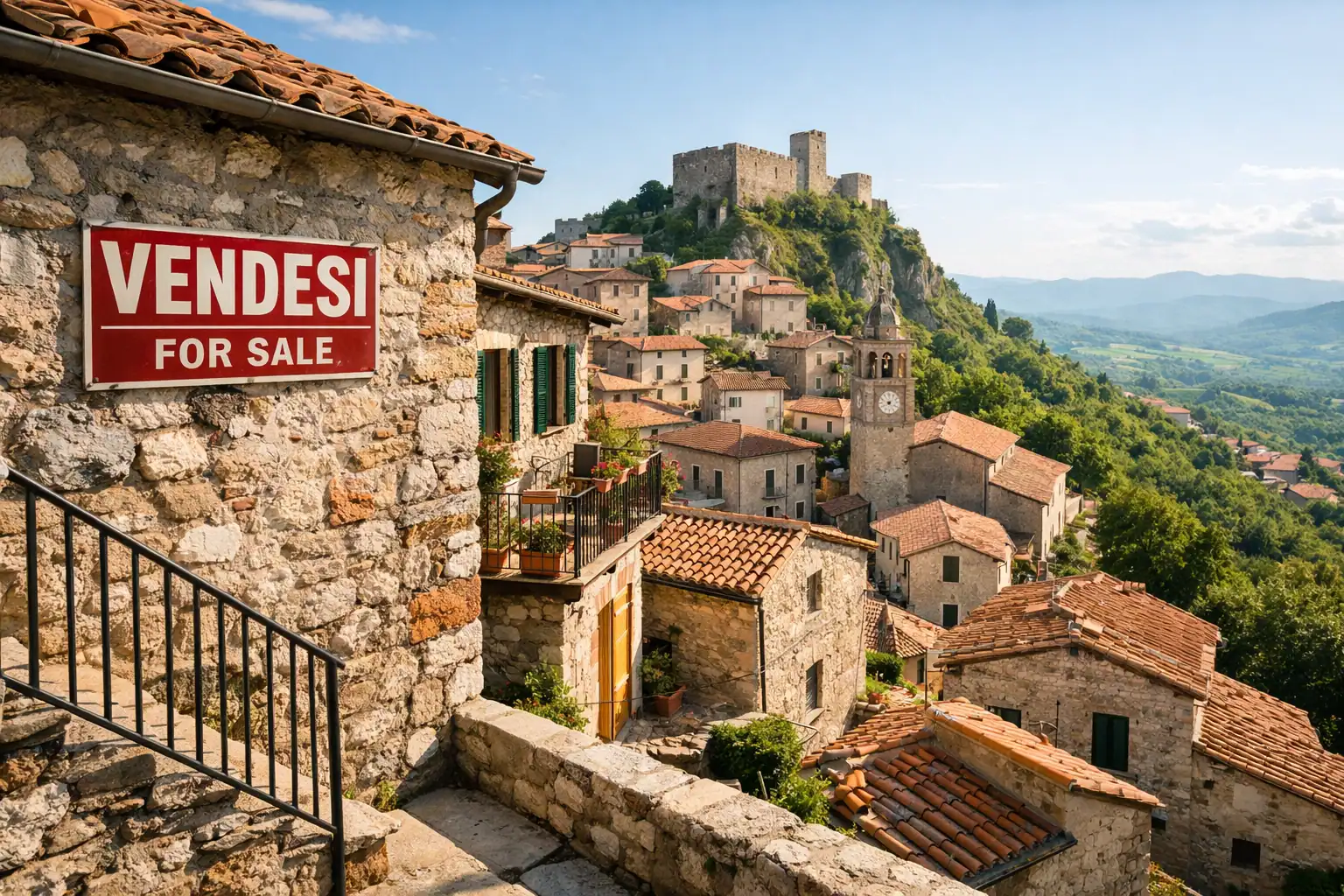 Charming Italian village with stone houses and a "For Sale" sign on the wall.