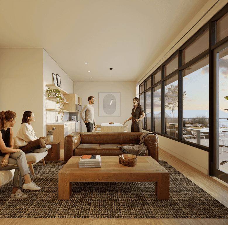 Bright living room with large windows and city views in Nashville, USA.
