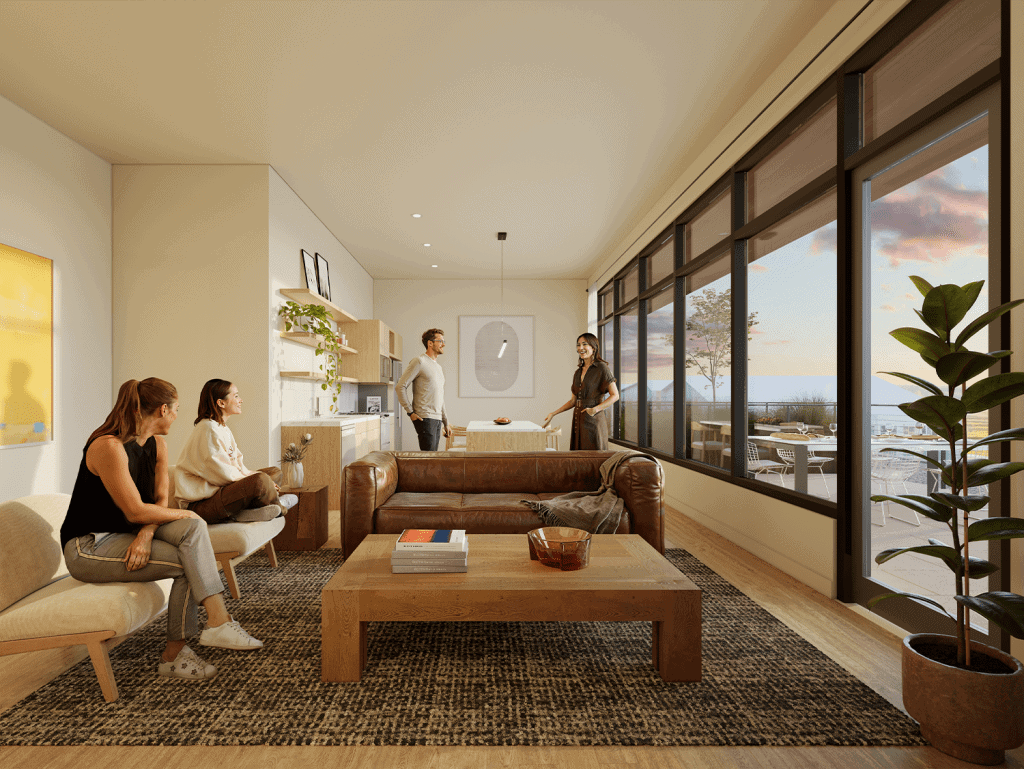 Bright living room with large windows and city views in Nashville, USA.