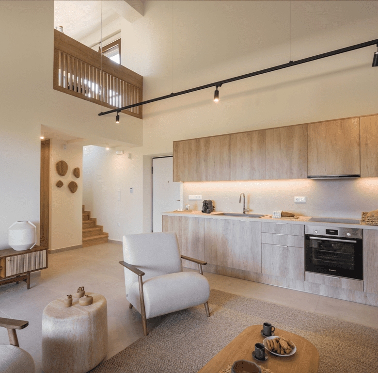 Stylish Crete property interior with open-plan living, wooden accents, and contemporary furnishings.