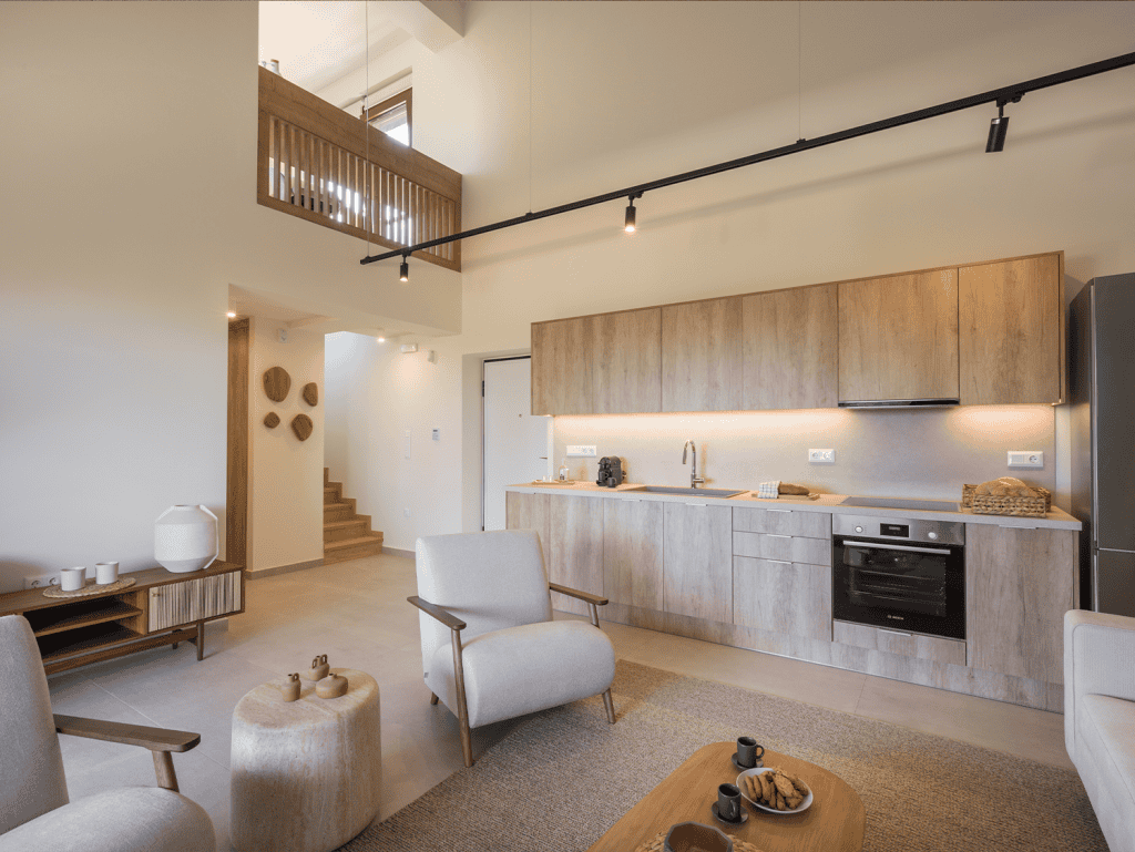 Stylish Crete property interior with open-plan living, wooden accents, and contemporary furnishings.