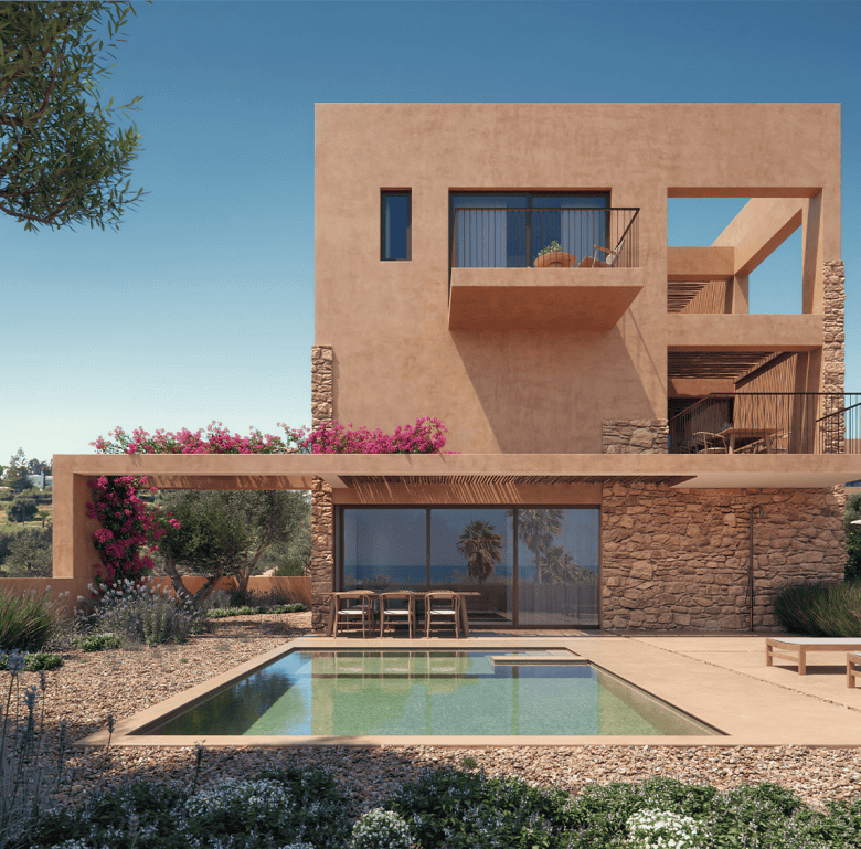 Contemporary villa in Maleme, Crete with pool and outdoor lounging areas.