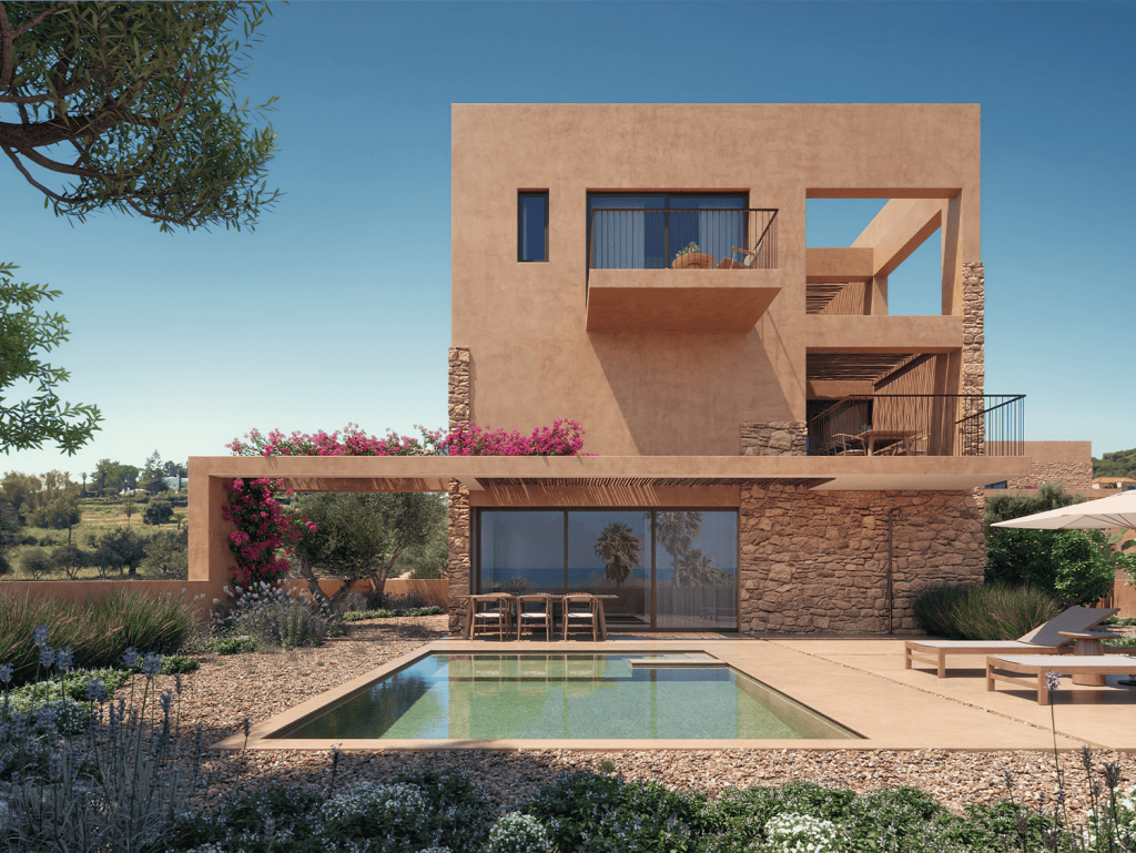 Contemporary villa in Maleme, Crete with pool and outdoor lounging areas.