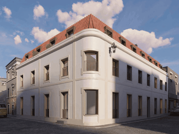Contemporary corner building in Peniche, Portugal with clean white facade and red-tiled roof.