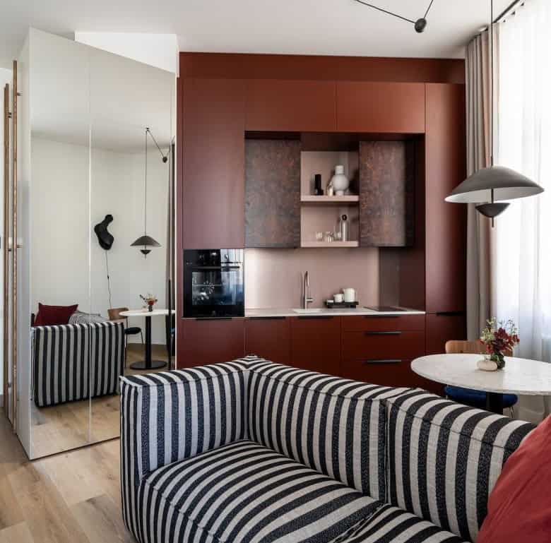 Bright Riga living room with contemporary design and comfortable seating.