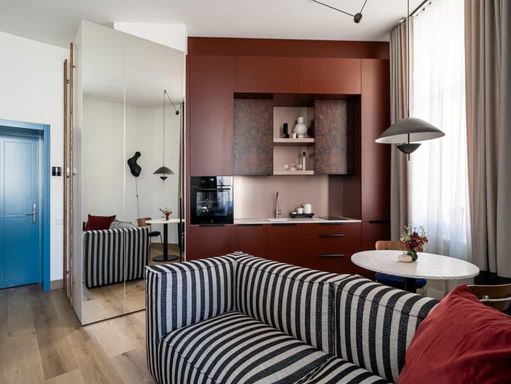 Bright Riga living room with contemporary design and comfortable seating.