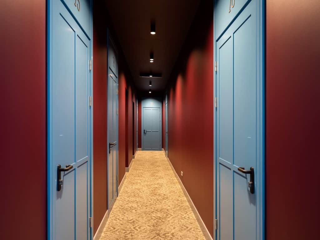 Hotel corridor with blue doors and warm lighting in Riga, Latvia.