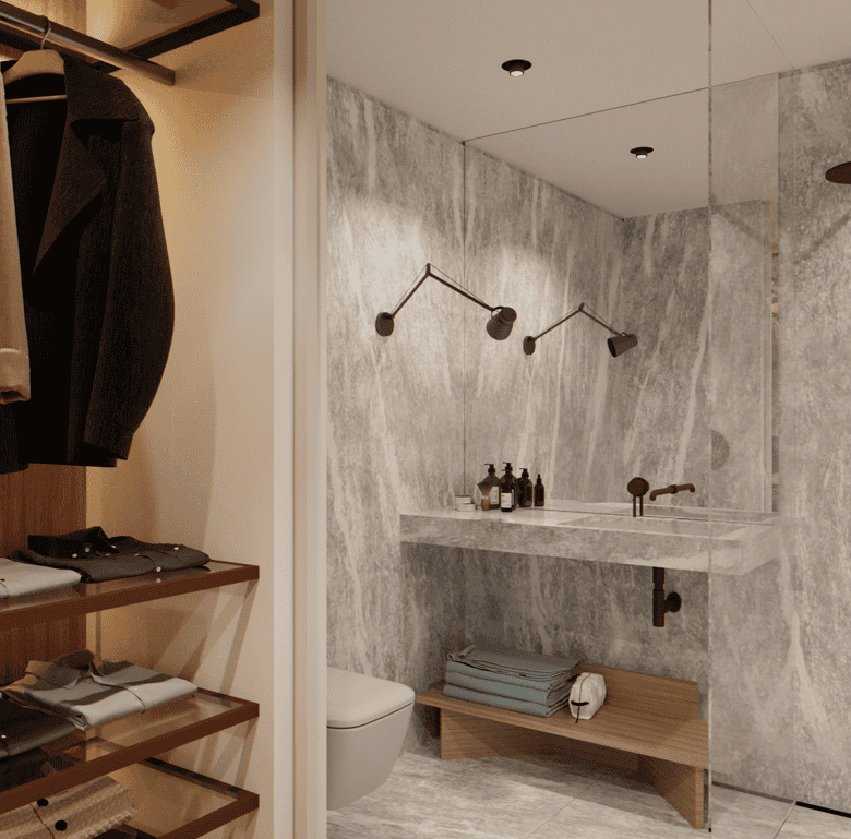 Luxurious bathroom in Porto featuring marble walls, modern shower, and elegant fixtures.