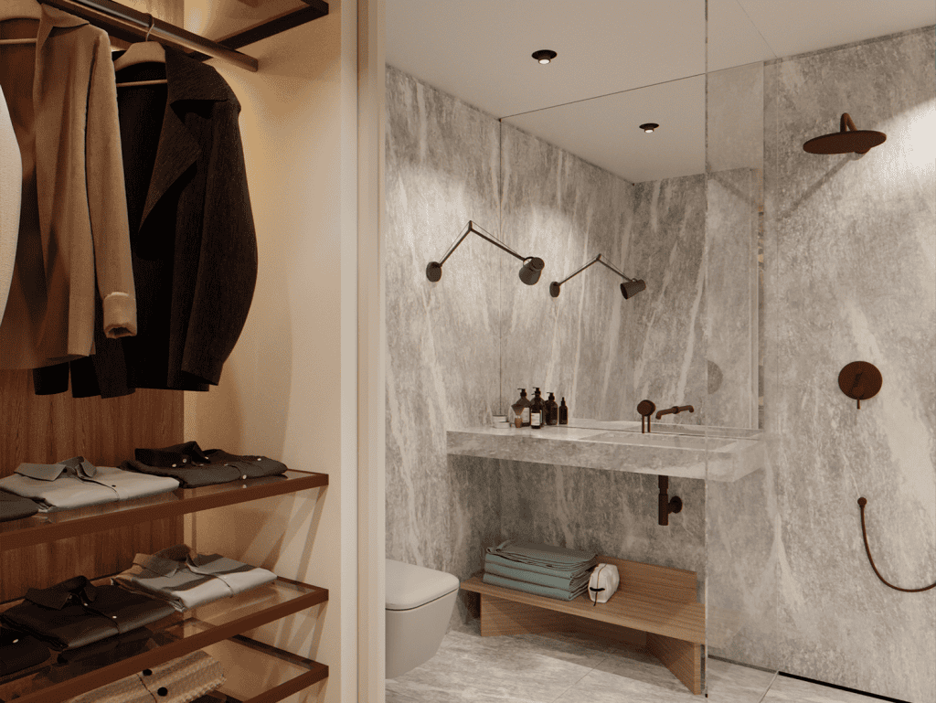 Luxurious bathroom in Porto featuring marble walls, modern shower, and elegant fixtures.