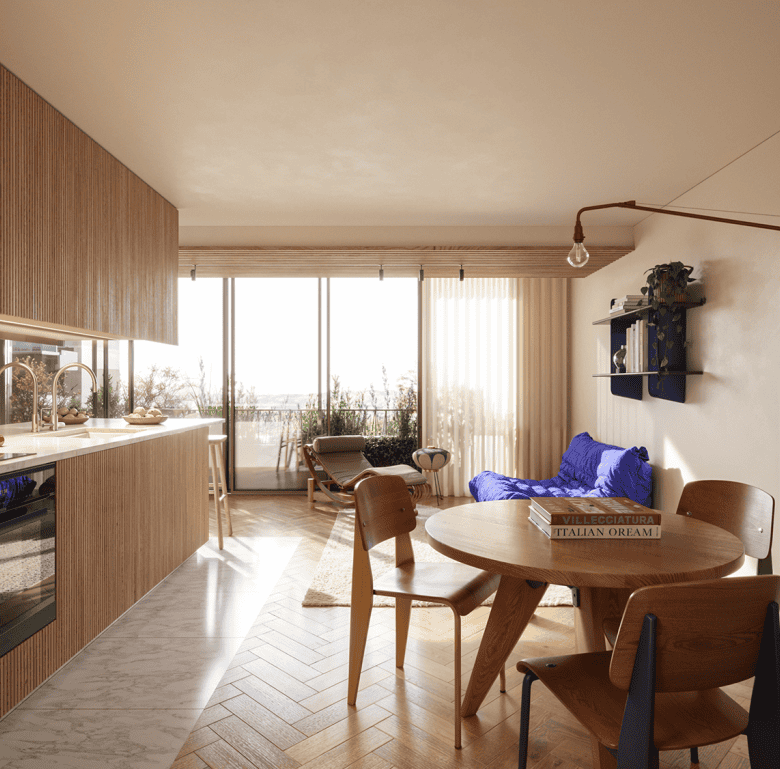 Bright Porto apartment with modern kitchen and cozy living area.