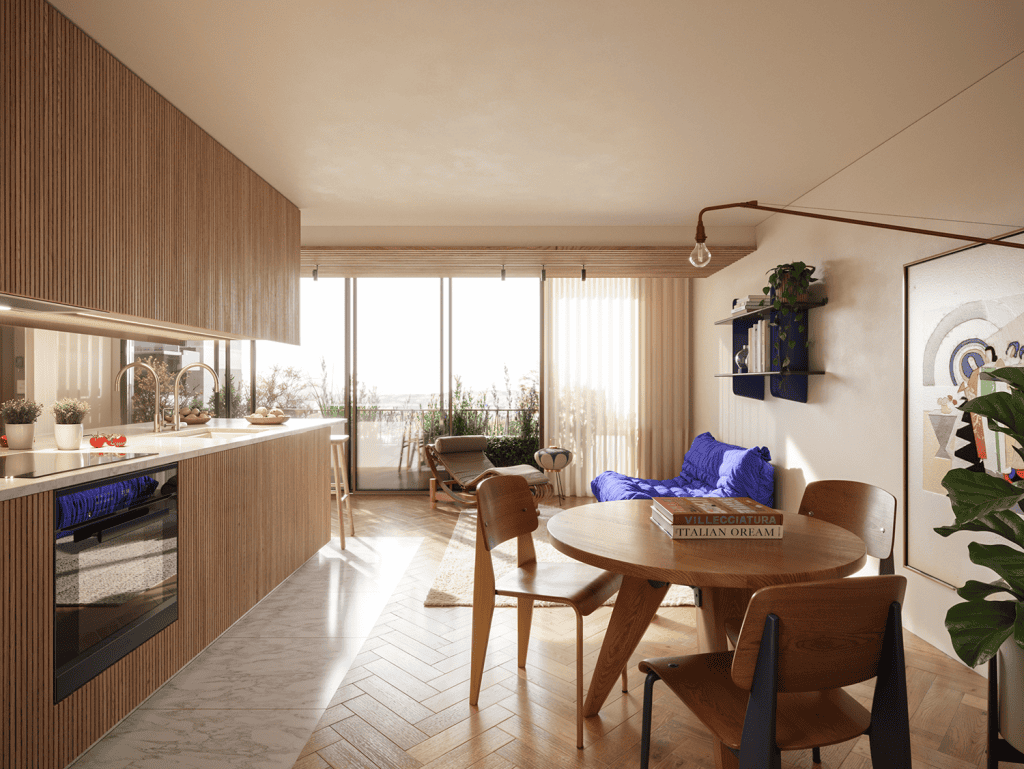 Bright Porto apartment with modern kitchen and cozy living area.
