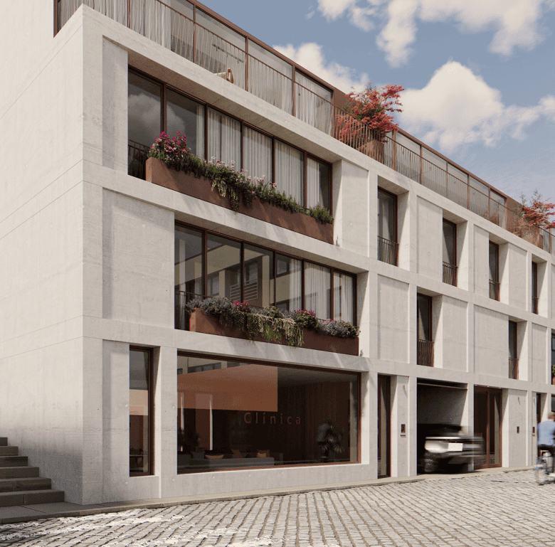 Modern Porto apartment building with balconies and greenery.