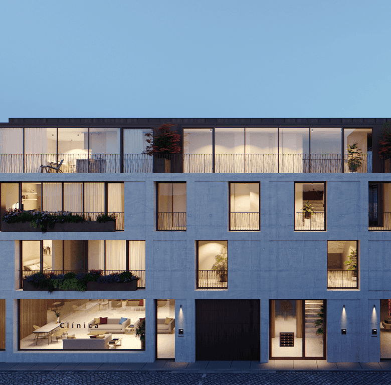 Porto apartment with modern design, spacious balconies, and large windows.