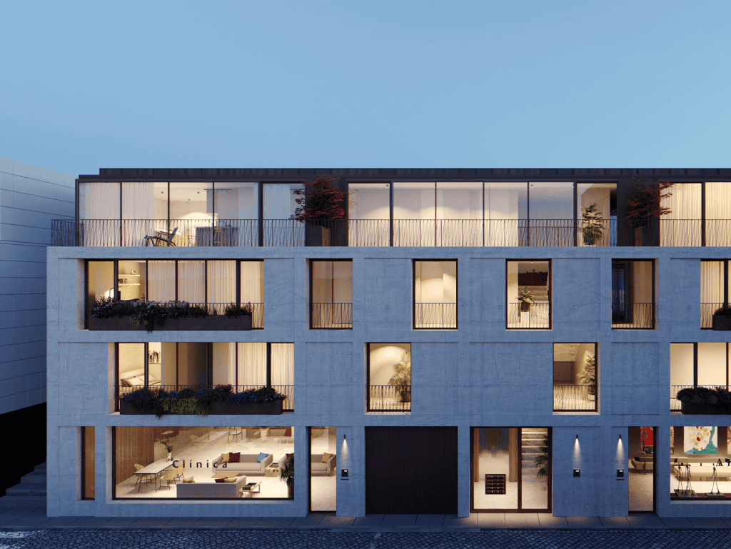Porto apartment with modern design, spacious balconies, and large windows.