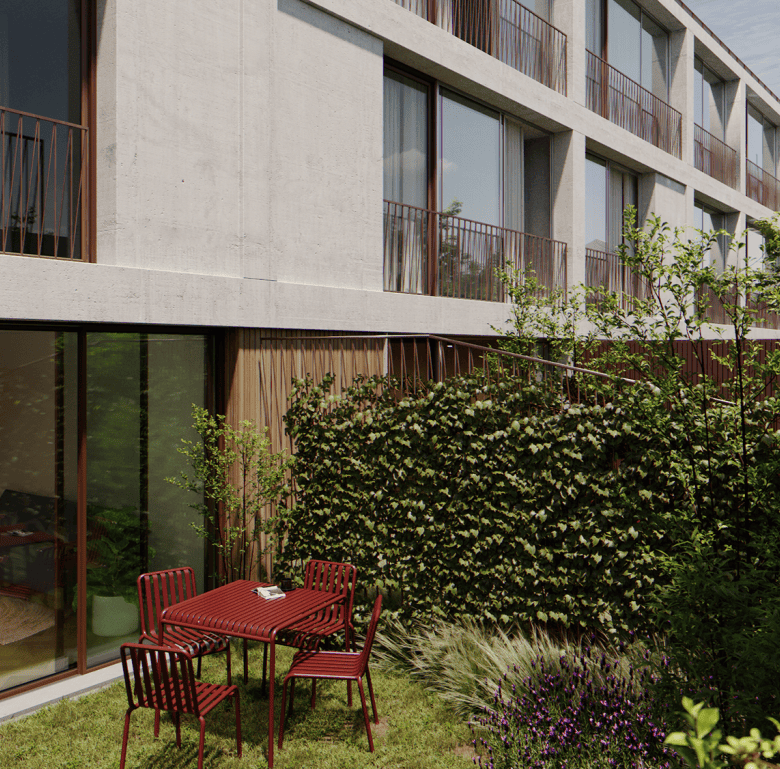 Modern Porto apartment with garden view and outdoor seating.