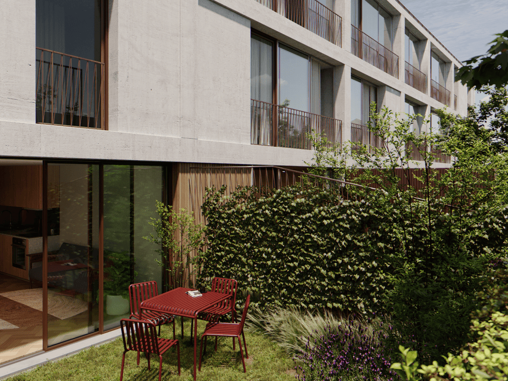 Modern Porto apartment with garden view and outdoor seating.