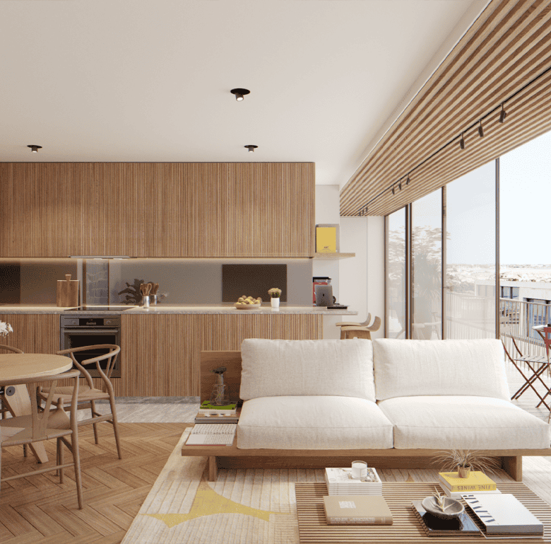 Bright interior of a Porto apartment with wooden finishes and expansive glass doors overlooking the.
