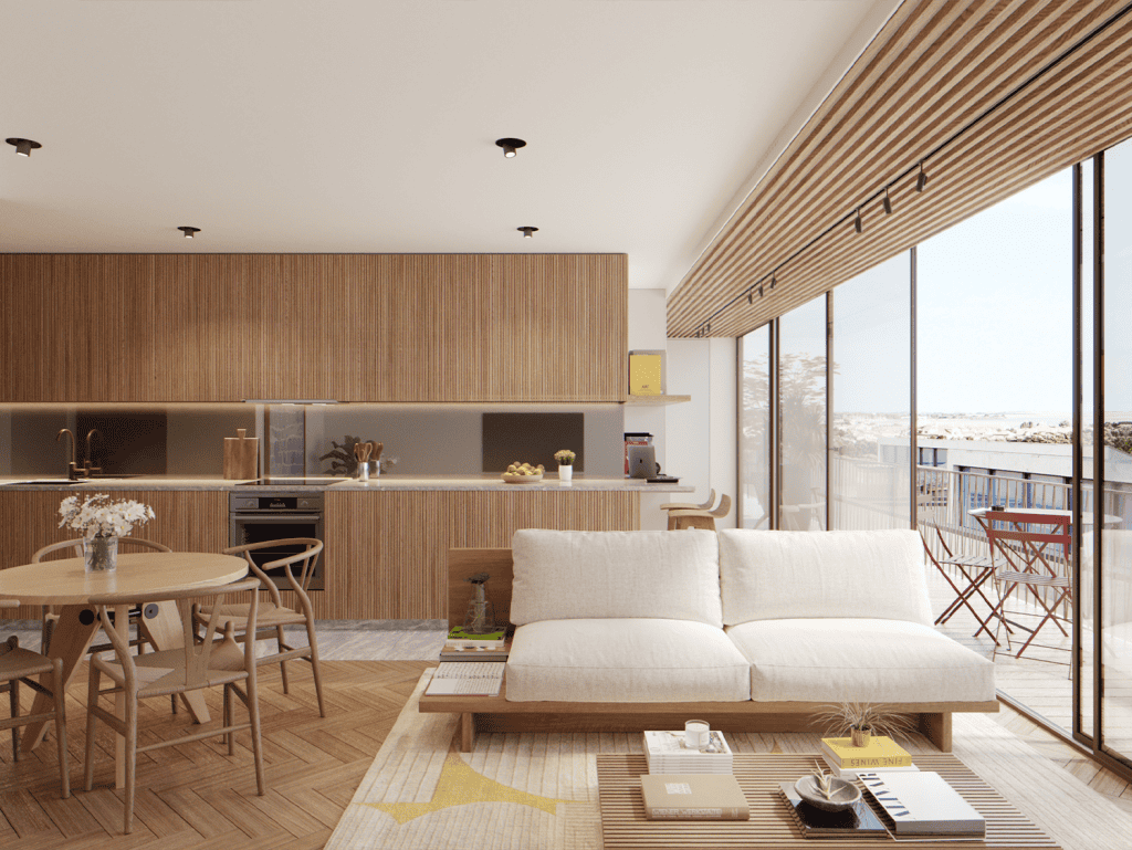 Bright interior of a Porto apartment with wooden finishes and expansive glass doors overlooking the.
