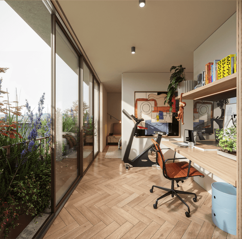 Bright interior workspace with desk, computer, and exercise bike, overlooking lush outdoor plants.