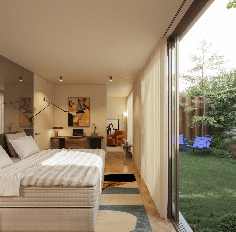 Modern bedroom with large glass doors overlooking lush garden in Porto, Portugal.