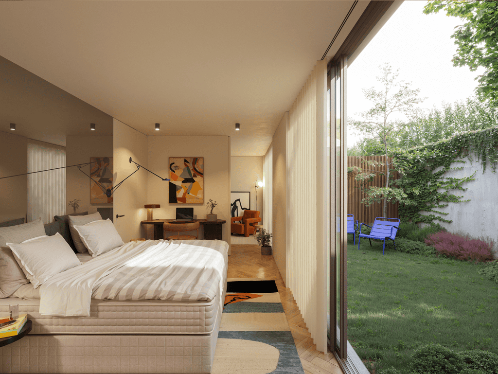 Modern bedroom with large glass doors overlooking lush garden in Porto, Portugal.