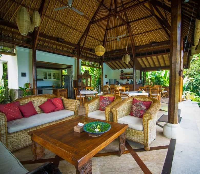 Luxury Bali villa living area with tropical decor and open-air design.