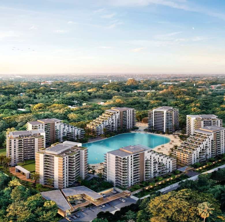 Lagoon view from luxury apartments in Asuncion, Paraguay, with modern buildings surrounding a centra.