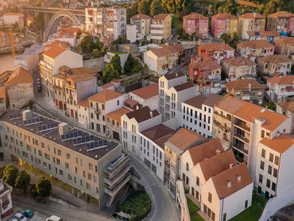 Aerial view of Pilar Apartments in Porto, Portugal, showcasing contemporary residential buildings.
