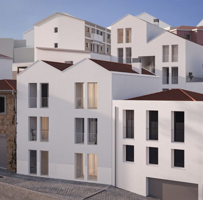 Modern white apartment buildings in Porto, Portugal.