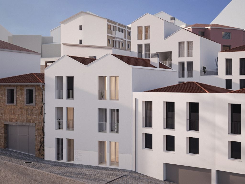 Modern white apartment buildings in Porto, Portugal.