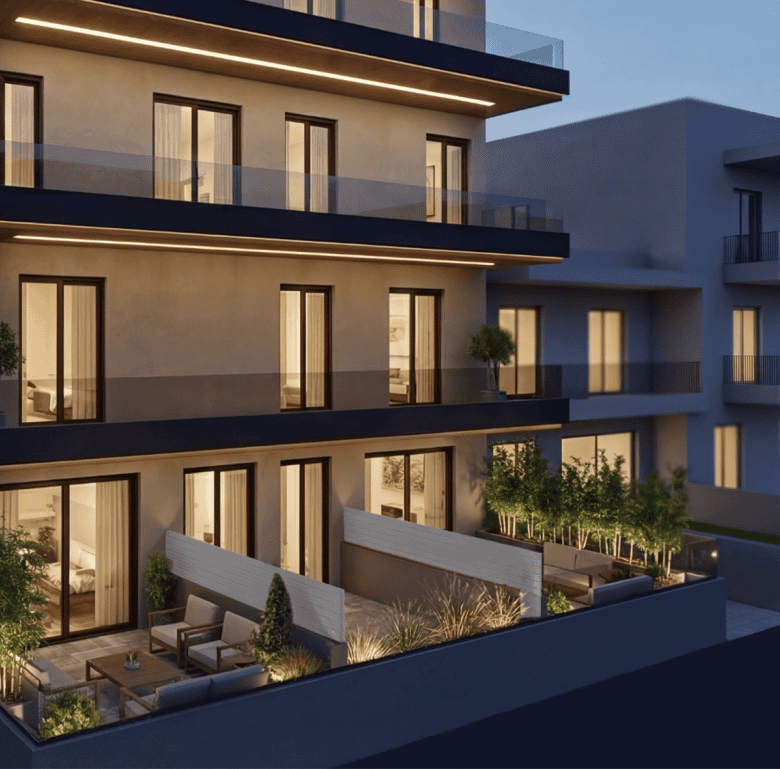 Contemporary Athens apartment building with spacious balconies and outdoor seating areas.