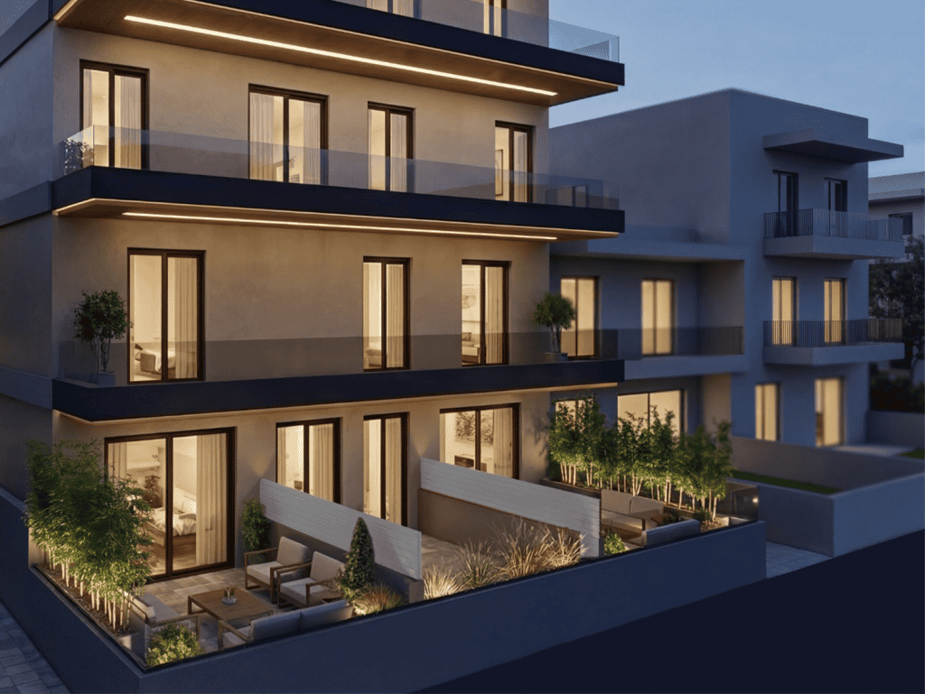 Contemporary Athens apartment building with spacious balconies and outdoor seating areas.