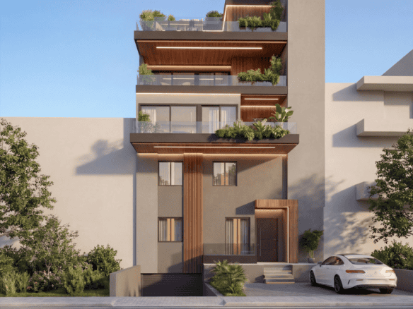 Modern Athens apartment building with balconies and greenery.