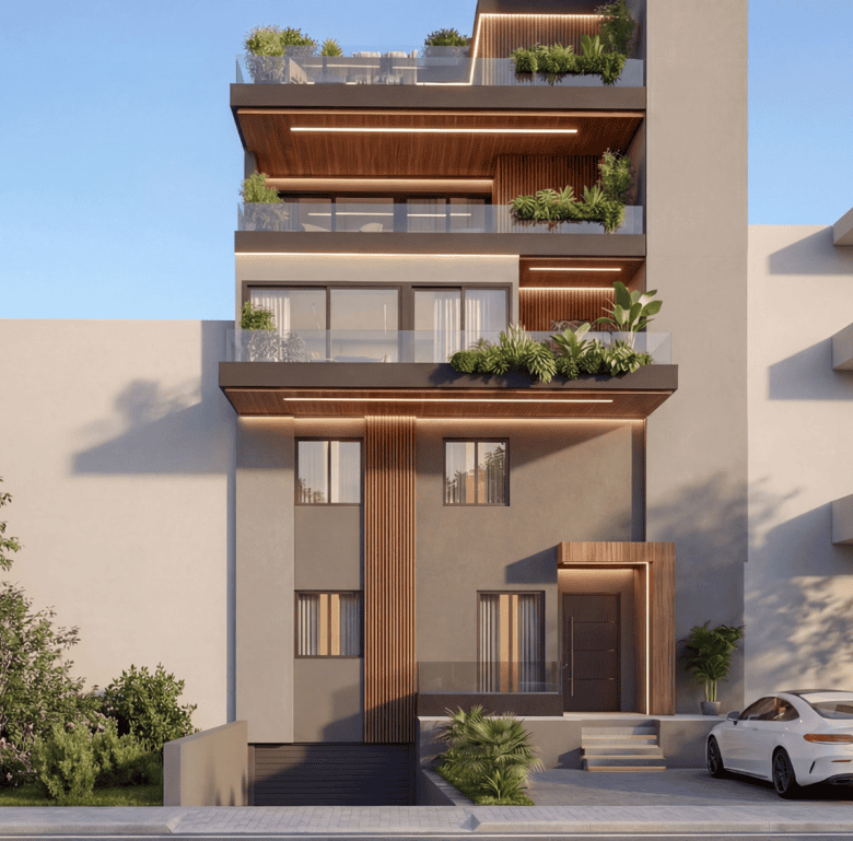 Modern Athens apartment building with balconies and greenery.