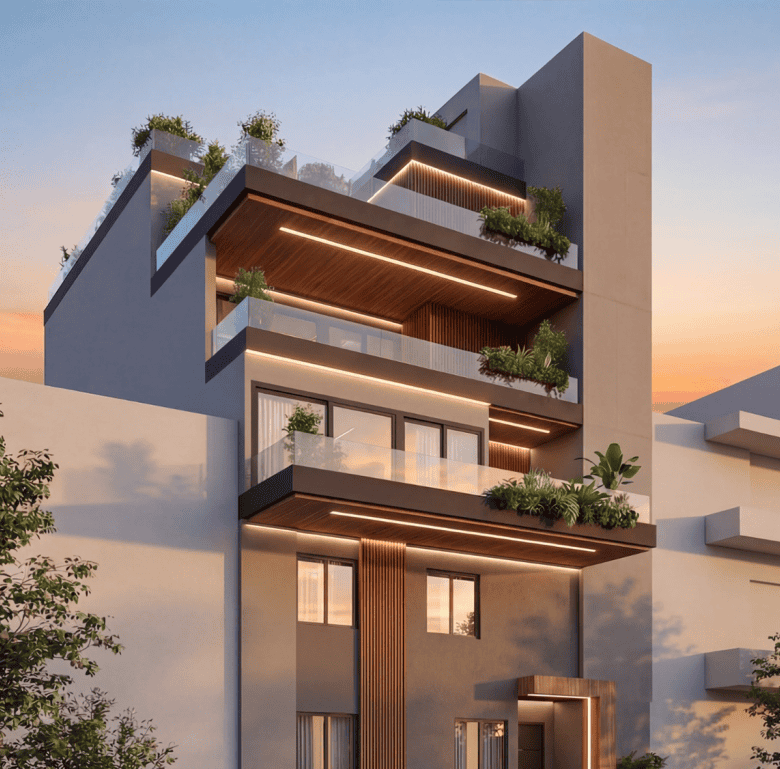 Modern Athens apartment with balconies and lush plants.
