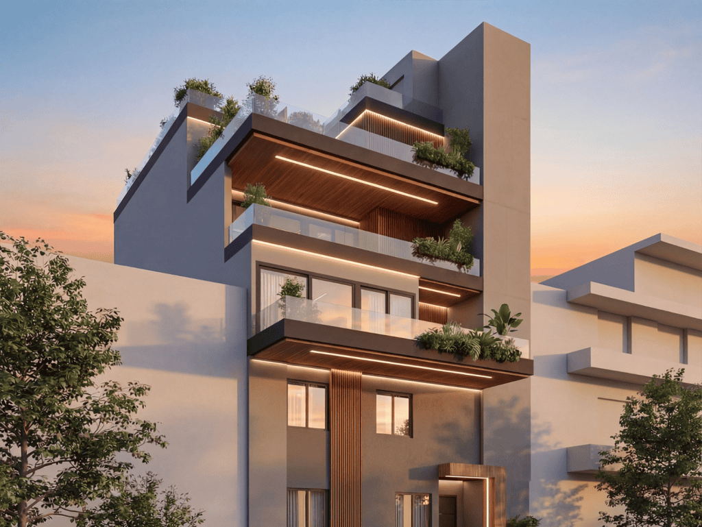 Modern Athens apartment with balconies and lush plants.
