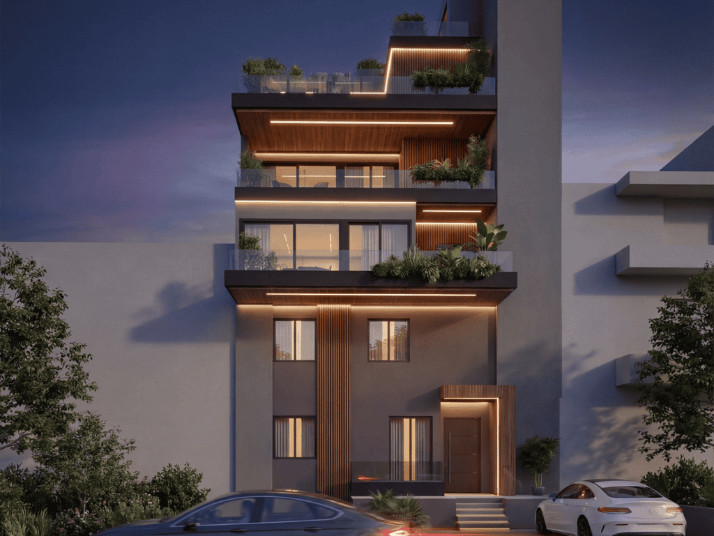 Modern apartment building with spacious balconies and greenery in Athens, Greece.