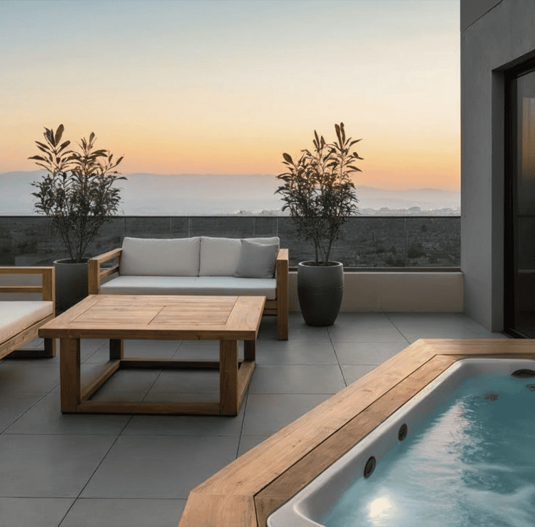 Terrace with outdoor furniture and hot tub overlooking Athens at sunset.