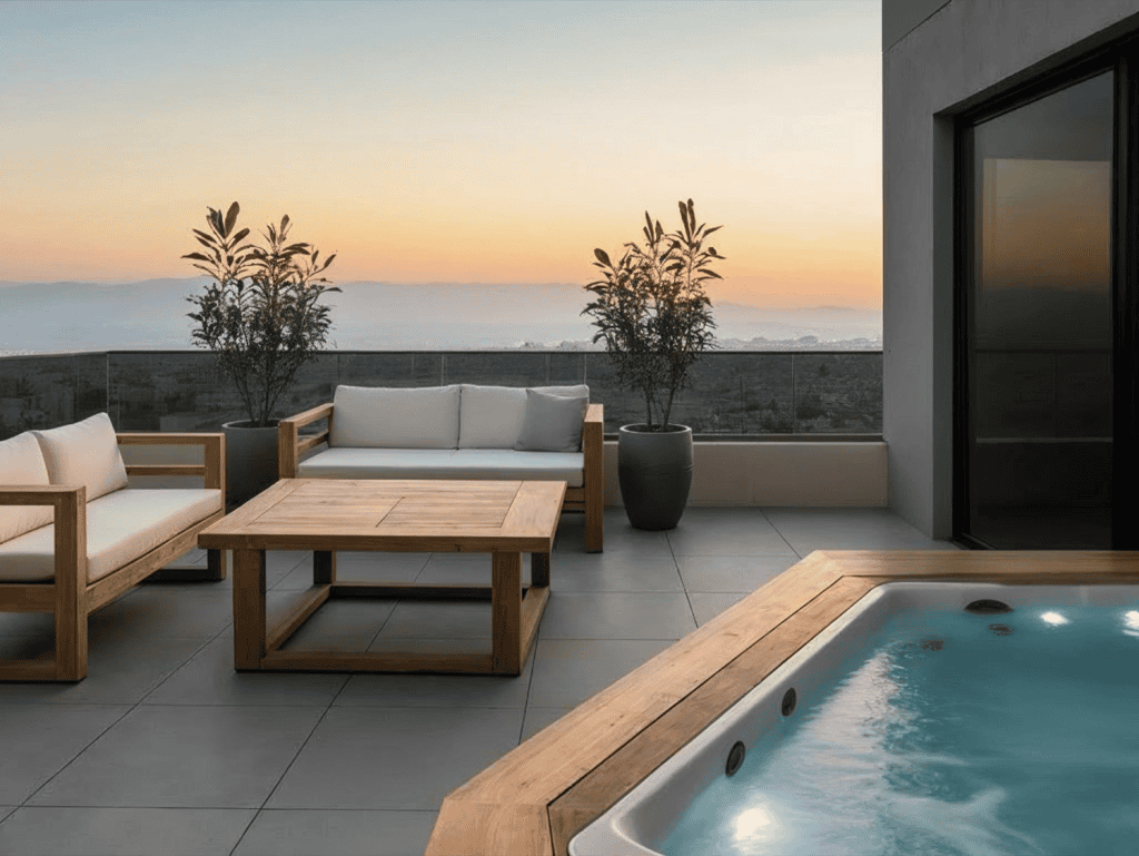Terrace with outdoor furniture and hot tub overlooking Athens at sunset.