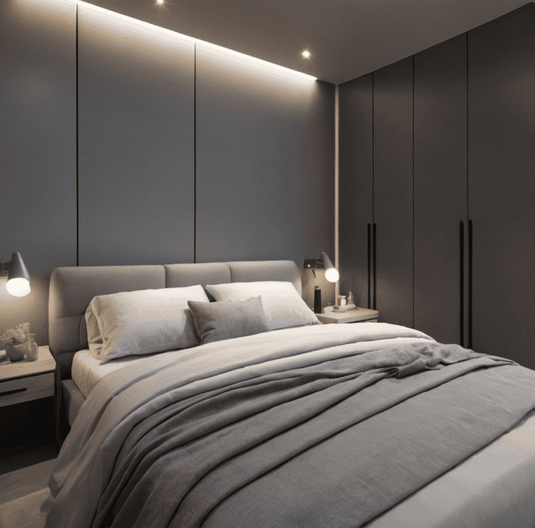 Elegant bedroom interior with contemporary design and soft lighting in Athens, Greece.