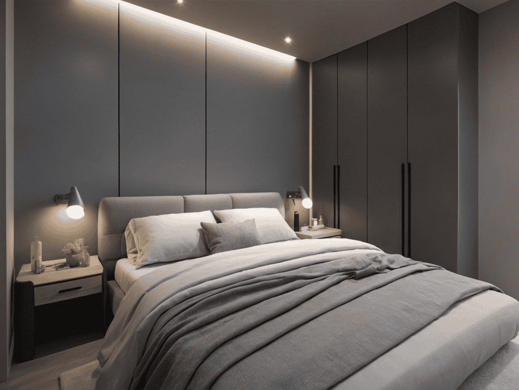 Elegant bedroom interior with contemporary design and soft lighting in Athens, Greece.