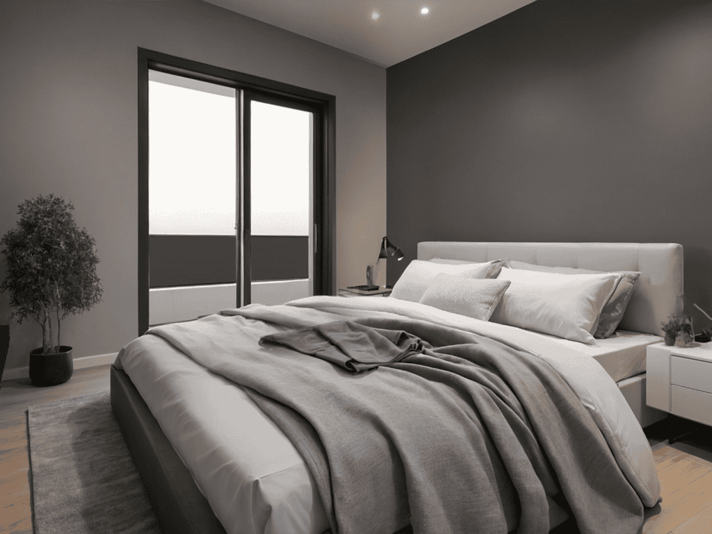 Modern bedroom with large window and minimalist decor.